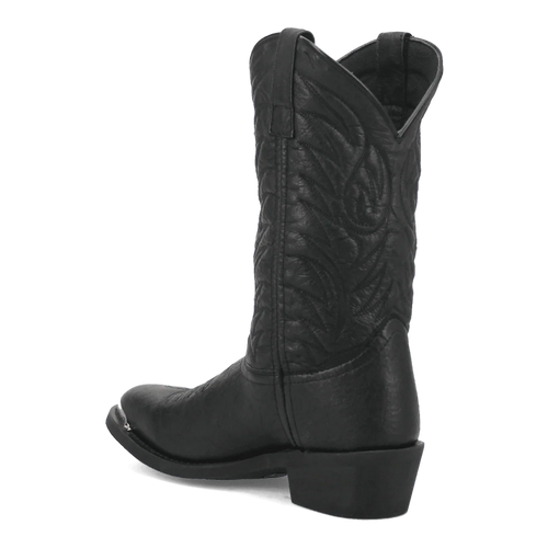 Black pigskin leather Laredo boots. Pointed toe, tall shaft with leaf stitching, and low heel. Primarily black. East bound.
