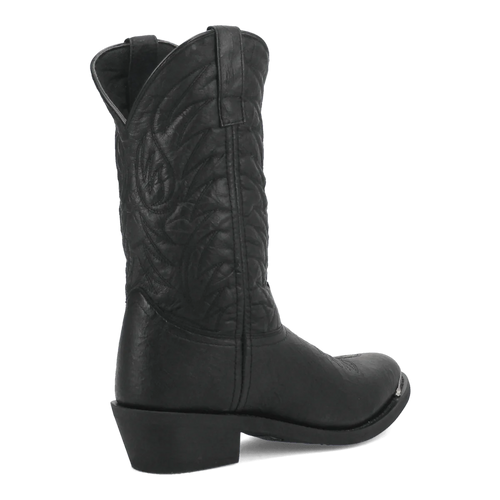 Black Laredo East Bound boots: tall, tapered shaft, curved top, quilted sides. Smooth black pigskin leather. Elevated black sole, block heel.
