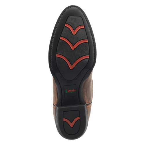 Laredo men's Birchwood boot: Brown leather upper with stitching, black textured rubber sole with red accents, and a slightly curved shape.
