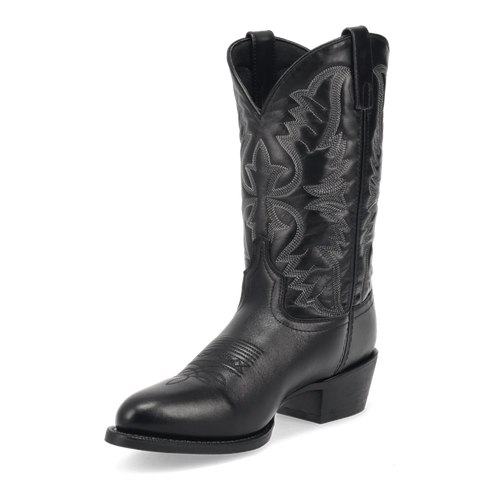 Laredo Men's Birchwood boot: Black leather, tall shaft, cowboy silhouette. Intricate side embroidery, pointed toe, and structured heel. Western aesthetic with decorative stitching.

