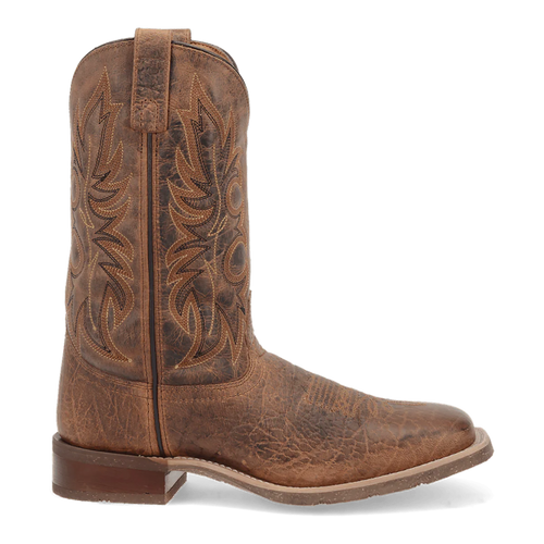 Laredo Men's Durant Boot: Distressed brown leather with visible grain and a tall, structured shape. Features decorative wavy stitching, a pointed toe, flat sole with heel, and a pull tab.
