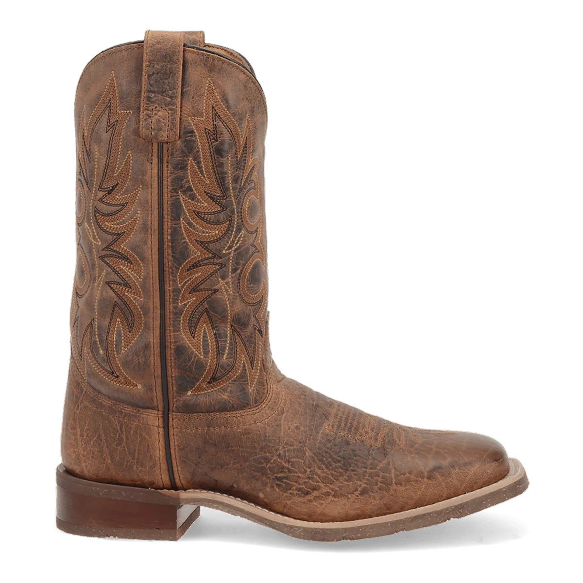 Laredo Men's Durant Boot: Distressed brown leather with visible grain and a tall, structured shape. Features decorative wavy stitching, a pointed toe, flat sole with heel, and a pull tab.
