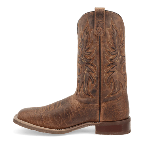 Laredo men's Durant boot: Tall shaft, distressed brown leather, Western stitching. Pointed toe, stacked heel, pull loop for easy wear.
