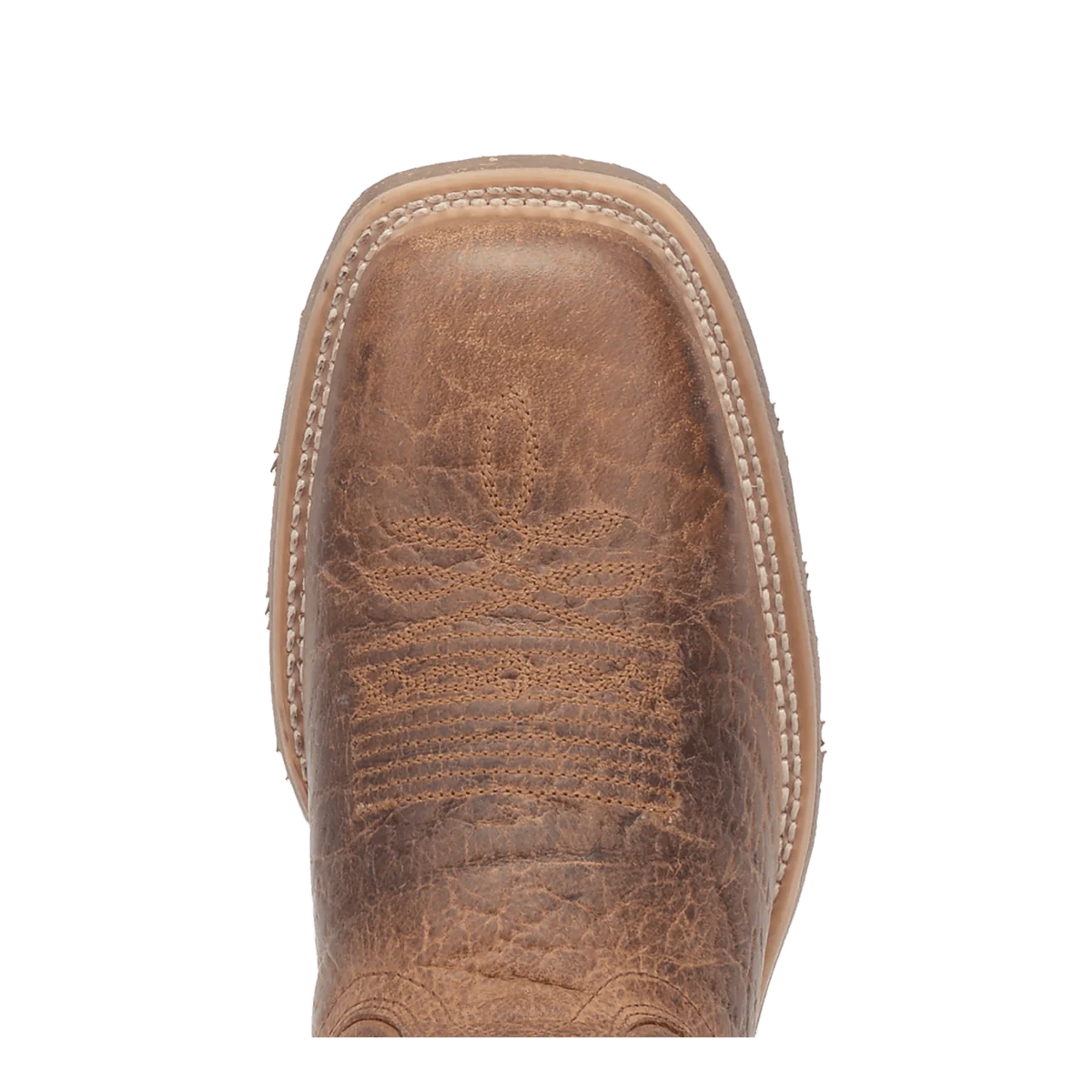 Laredo men's Durant boot: Brown leather, pointed toe, low-profile design. Textured finish, decorative stitching. Sturdy sole stitched to the upper.
