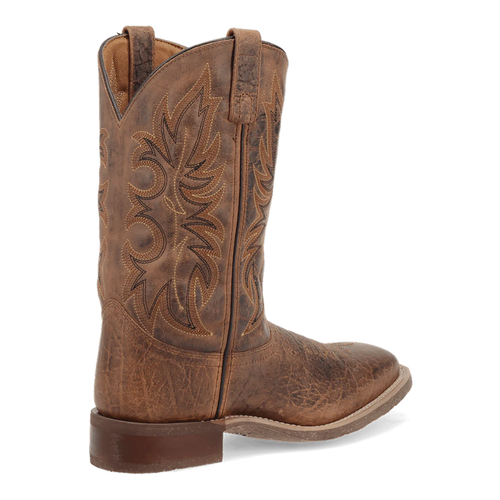 Laredo Men's Durant Boot: Distressed brown leather with a tall shaft, rounded toe, and stacked heel. Features intricate stitching, floral design, pull tabs, and a contrasting sole.

