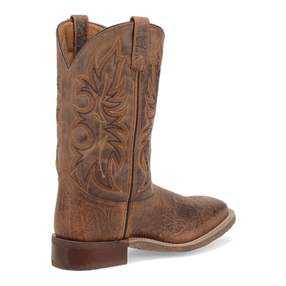 Laredo Men's Durant Boot: Distressed brown leather with a tall shaft, rounded toe, and stacked heel. Features intricate stitching, floral design, pull tabs, and a contrasting sole.
