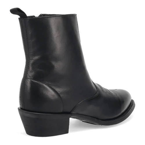 Laredo men's Fletcher black leather boot: short, structured, rounded toe, slight heel. Smooth black leather with subtle stitched pattern. Features a pull tab for easy wear.
