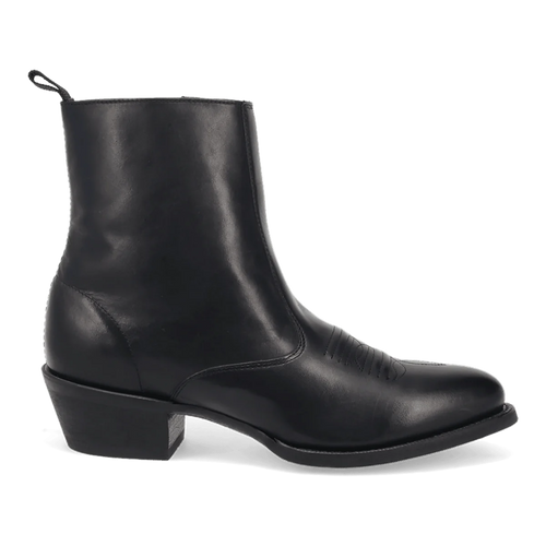 Laredo Men's Fletcher boot in black leather. Ankle-high with smooth leather, rounded toe, minimal stitching, and a slightly raised heel. Features a pull tab and durable, flat sole.

