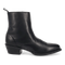 Laredo Men's Fletcher boot in black leather. Ankle-high with smooth leather, rounded toe, minimal stitching, and a slightly raised heel. Features a pull tab and durable, flat sole.

