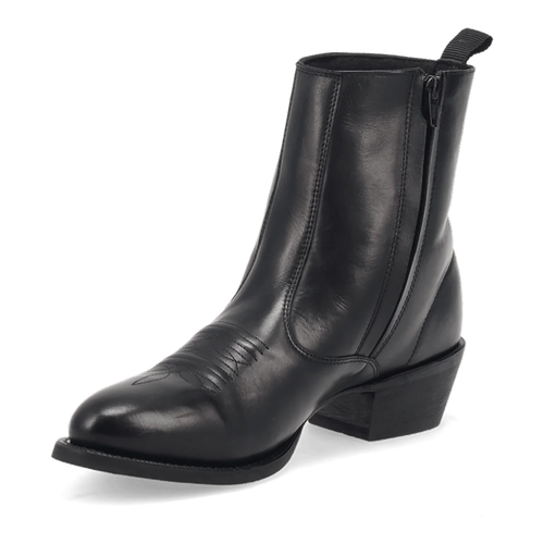Laredo Men's Fletcher Black Leather Boot: Sleek, black leather with a pointed toe and subtle stitching. Features a side zipper for easy wear and a structured silhouette.

