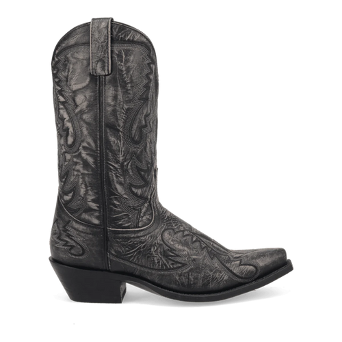 Laredo Men's Garrett Boot: Tall, pointed-toe Western boot in textured black material (likely leather). Features intricate tonal stitching and a stacked heel. Classic Western style.
