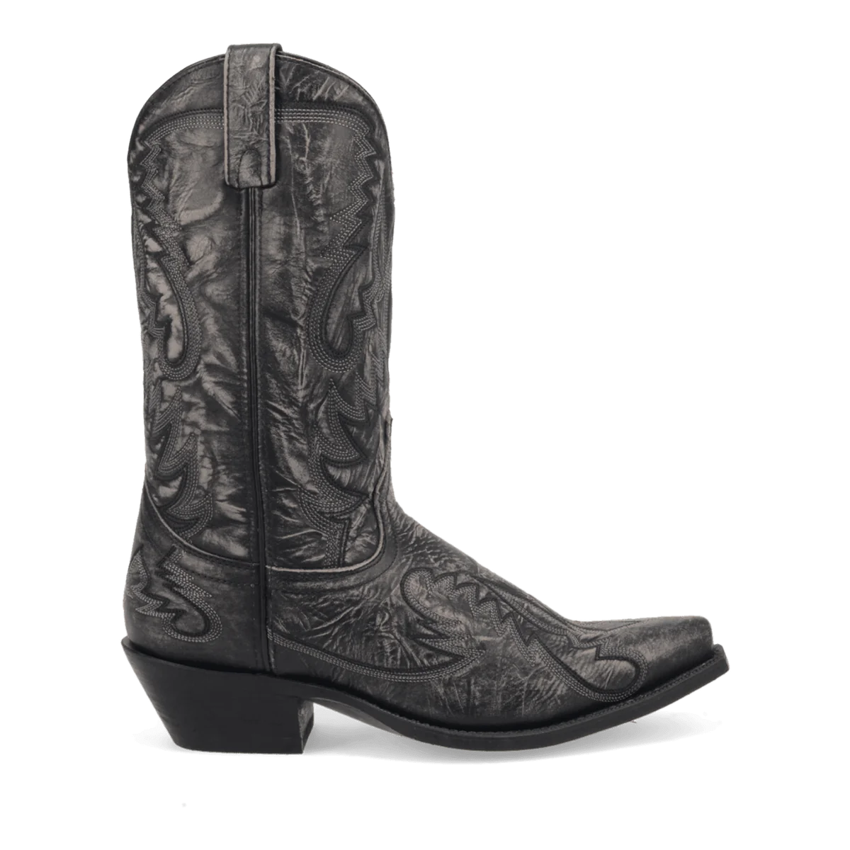 Laredo Men's Garrett Boot: Tall, pointed-toe Western boot in textured black material (likely leather). Features intricate tonal stitching and a stacked heel. Classic Western style.
