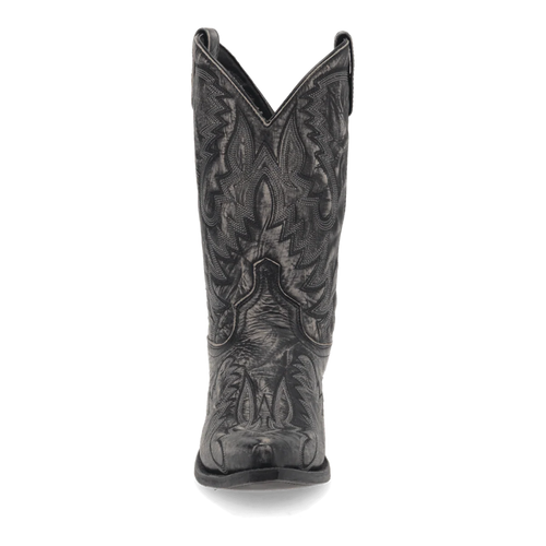 Laredo men's Garrett boot: Tall black leather shaft, pointed toe, and high collar. Features intricate stitching and rubber sole. Side pull tabs for easy wear and streamlined silhouette.
