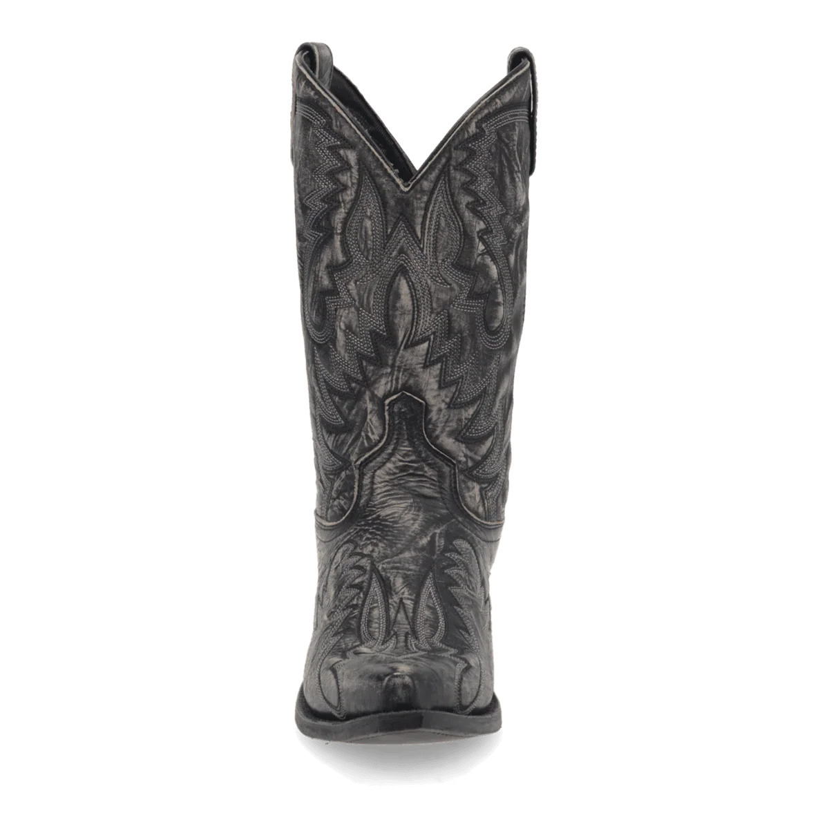 Laredo men's Garrett boot: Tall black leather shaft, pointed toe, and high collar. Features intricate stitching and rubber sole. Side pull tabs for easy wear and streamlined silhouette.
