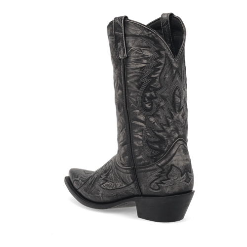 Laredo Men's Garrett Boot: Tall black cowboy boot with pointed toe, decorative stitching, and embossed patterns. Features a leather upper with a textured finish and a slight heel.
