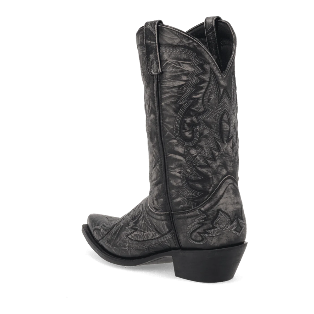 Laredo Men's Garrett Boot: Tall black cowboy boot with pointed toe, decorative stitching, and embossed patterns. Features a leather upper with a textured finish and a slight heel.
