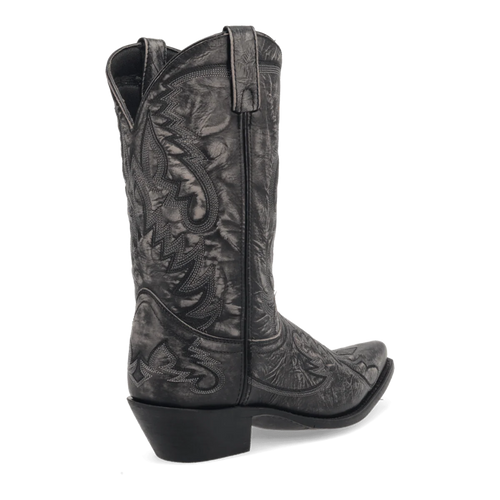 Laredo Men's Garrett Boot: Tall shaft, pointed toe, textured black material. Intricate black stitching with swirls and geometric shapes. Elevated heel, pull tabs for easy wear.
