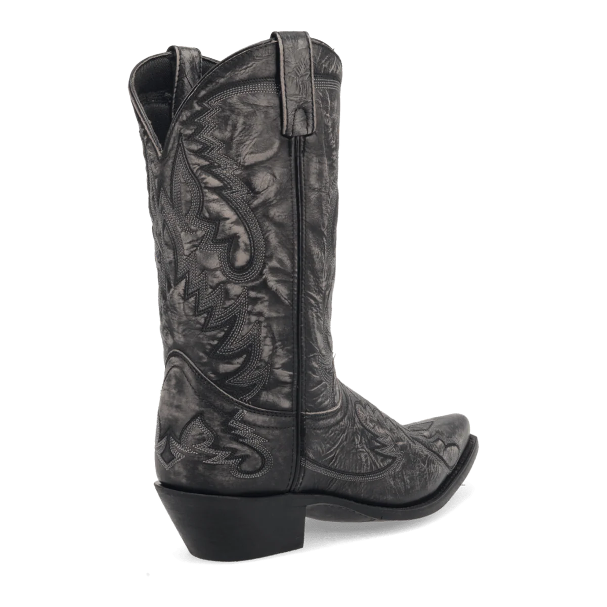 Laredo Men's Garrett Boot: Tall shaft, pointed toe, textured black material. Intricate black stitching with swirls and geometric shapes. Elevated heel, pull tabs for easy wear.
