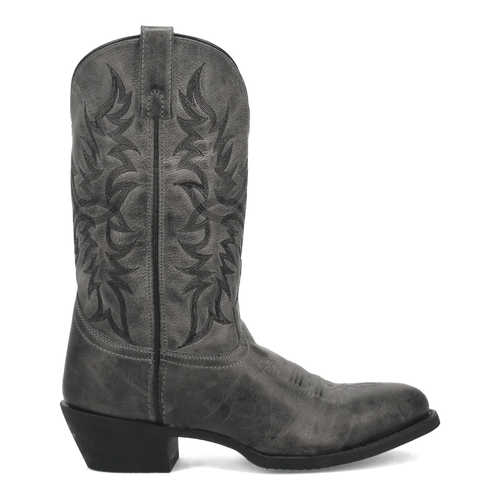 Laredo Harding men's boot: Gray leather upper, tall shaft, pointed toe, raised heel. Black stitching and decorative patterns. Reinforced heel, smooth finish.
