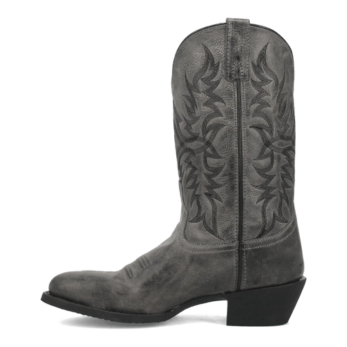 Laredo Men's Harding boot: Gray, distressed leather with stitch detailing and a pointed toe. Black embroidered shaft. Moderate black heel. Pull tab for easy wear.
