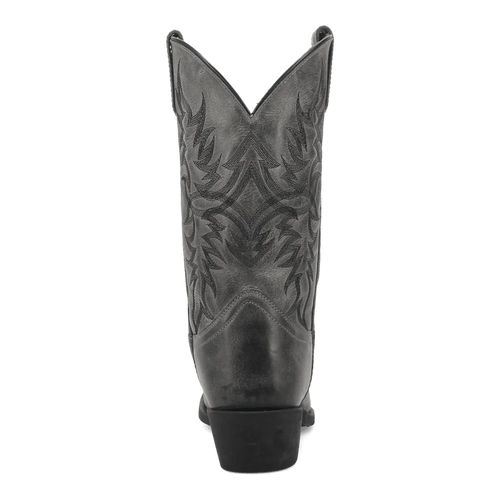 Laredo men's Harding boot: Tall shaft, pointed toe, V-cut top. Dark gray leather with angular, leaf-like stitching. Textured heel, smooth finish, showcasing craftsmanship.
