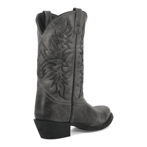 Laredo Men's Harding Boot: Gray leather, tall shaft, pointed toe. Tonal swirling stitching, leather pull tab. Flat sole with slight heel.
