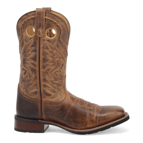 Laredo Men's Kane boot in distressed brown leather. Tall shaft, rounded toe, stacked heel. Detailed stitching and pull tabs. Dark brown sole. Western-inspired design.
