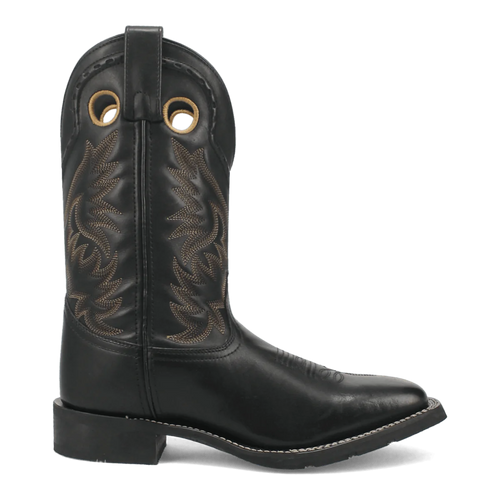 Laredo Men's Kane boot: Black leather shaft with golden stitching, rounded toe, flat heel. Features pull holes, embossed patterns, and white sole stitching.
