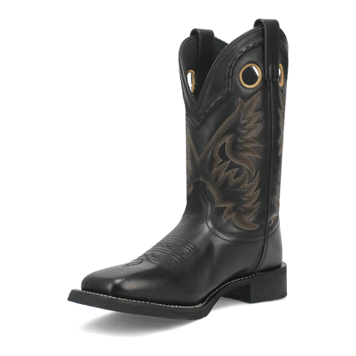 Laredo Men's Kane Leather Boot: Black leather, tall shaft, pointed toe. Contrasting stitching, metal eyelets, stacked heel. Tailored fit for upright wear.
