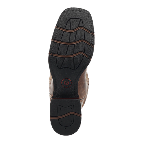 Laredo Men's Kane Leather Boot: Black, textured rubber outsole with curved shape and deep grooves for traction. Brown accents on edges.
