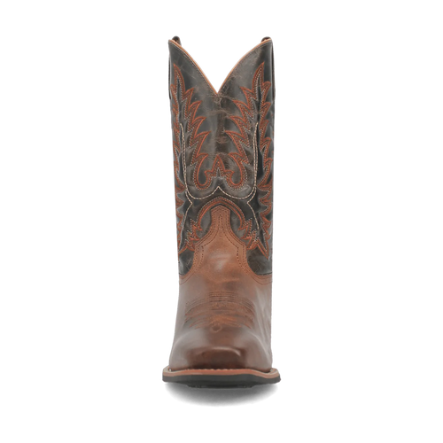 Laredo Men's Kent Leather Boot: Dark brown leather with pointed toe, tall shaft, and V-shaped topline. Features red/silver stitching, smooth/textured leather, and a black rubber outsole.
