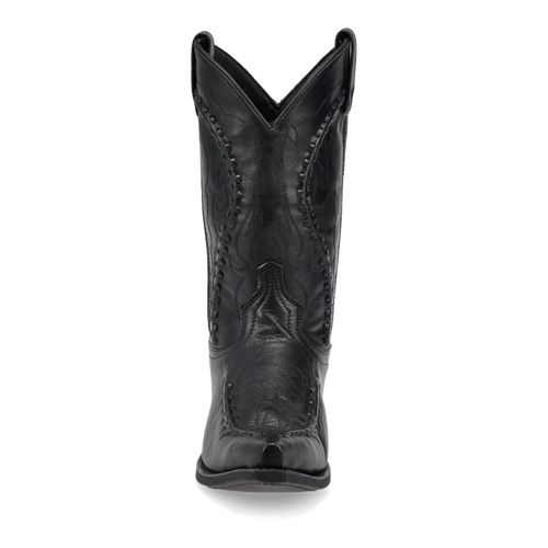 Laredo Men's Laramie black leather boots with pointed toe, high shaft, V-cut top, and pull loops. Features decorative stitching and raised side design. Sleek, smooth finish.

