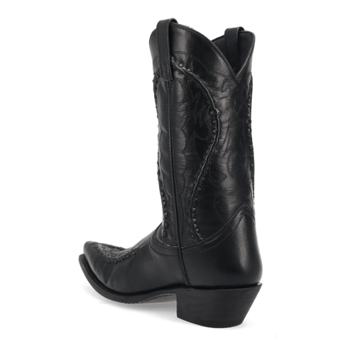 Laredo Men's Laramie black leather knee-high boot. Features a pointed toe, low block heel, and embroidered shaft. Pull tabs aid wear.
