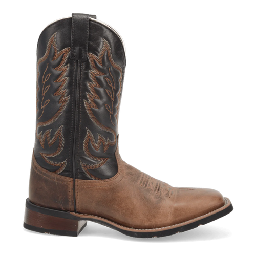 Laredo Men's Montana Boot: Tall black leather boot with brown stitching and flame design. Light brown leather lower section. Rounded toe, stacked heel.
