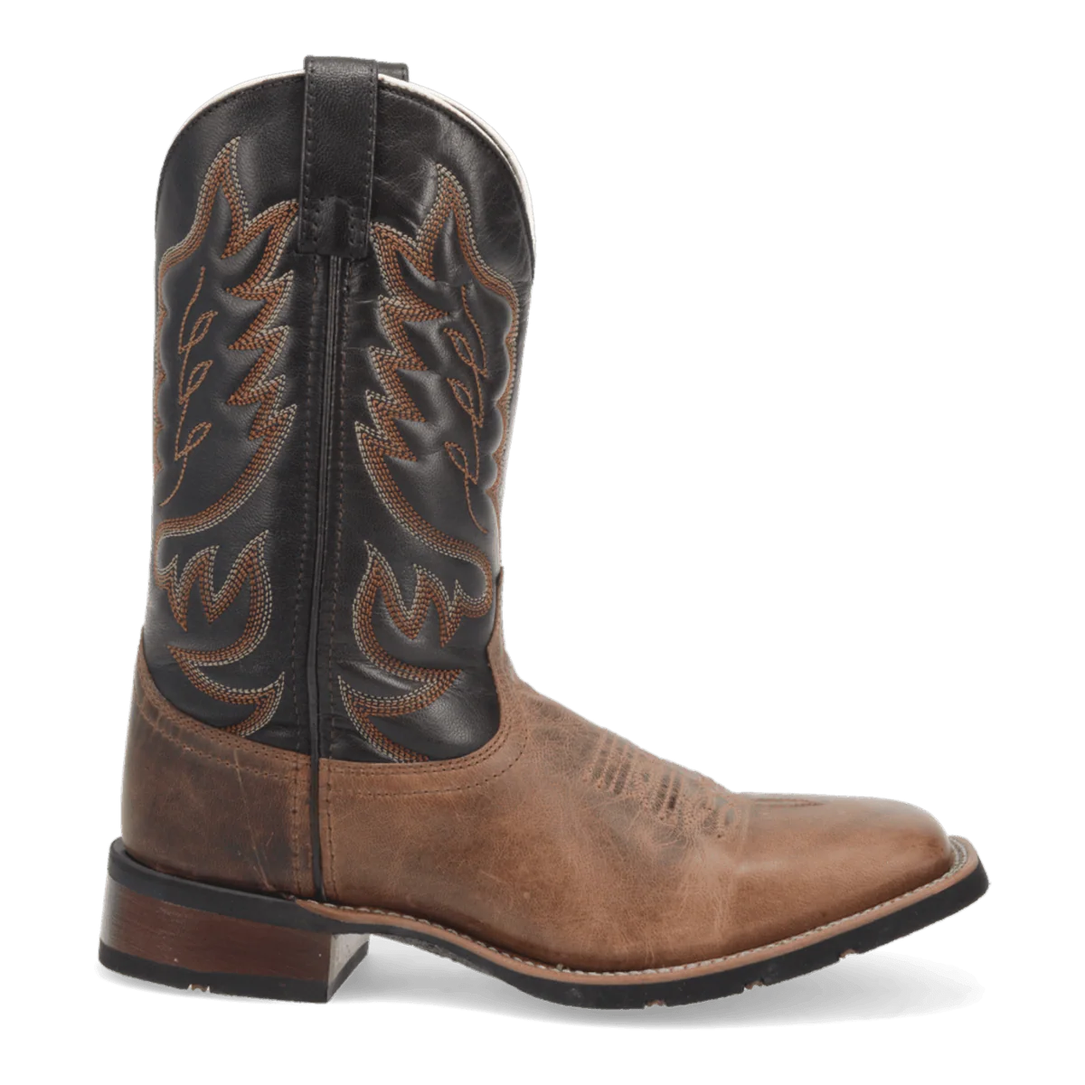 Laredo Men's Montana Boot: Tall black leather boot with brown stitching and flame design. Light brown leather lower section. Rounded toe, stacked heel.

