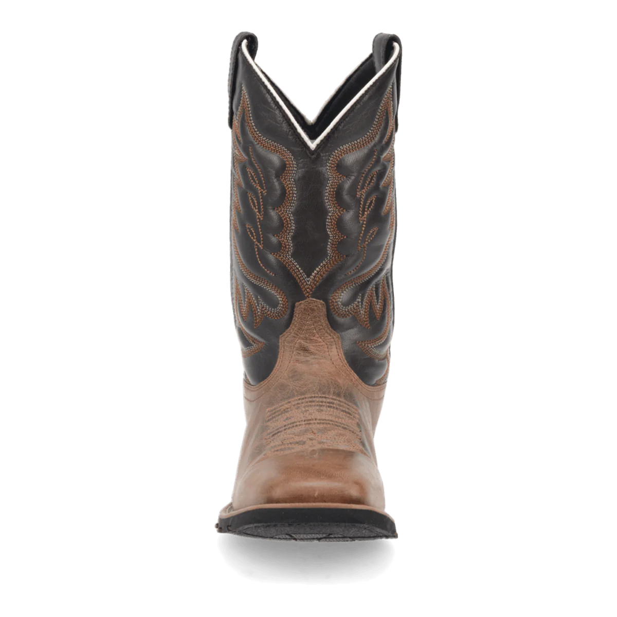 Laredo Montana men's boot: Black leather upper with brown stitching, light brown lower section. High shaft with U-shaped cutout, pointed toe, and rubber sole.
