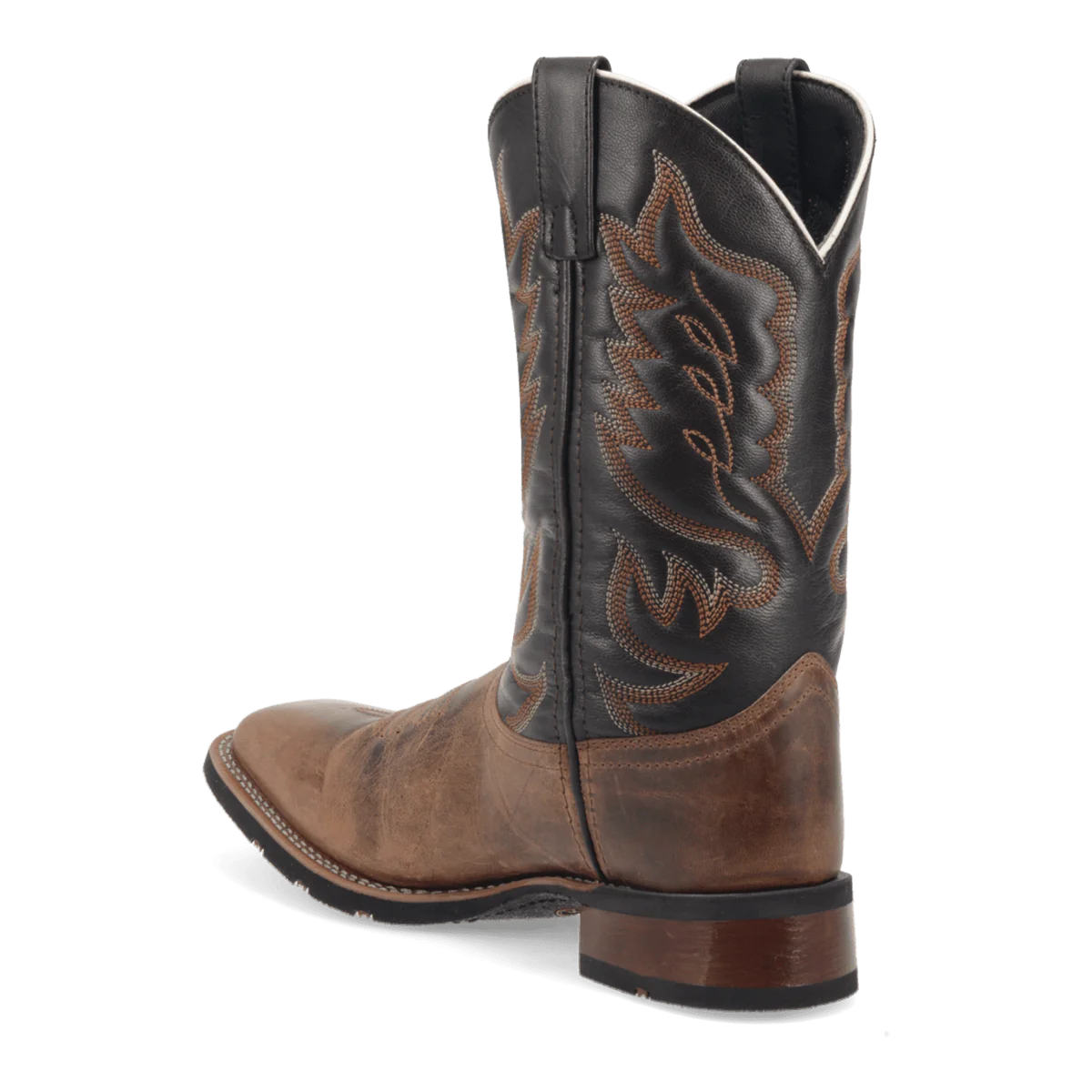 Laredo Montana men's boot: Tall black leather upper with tan stitching meets distressed brown leather. Rounded toe, stacked heel, pull straps. Decorative back pattern.

