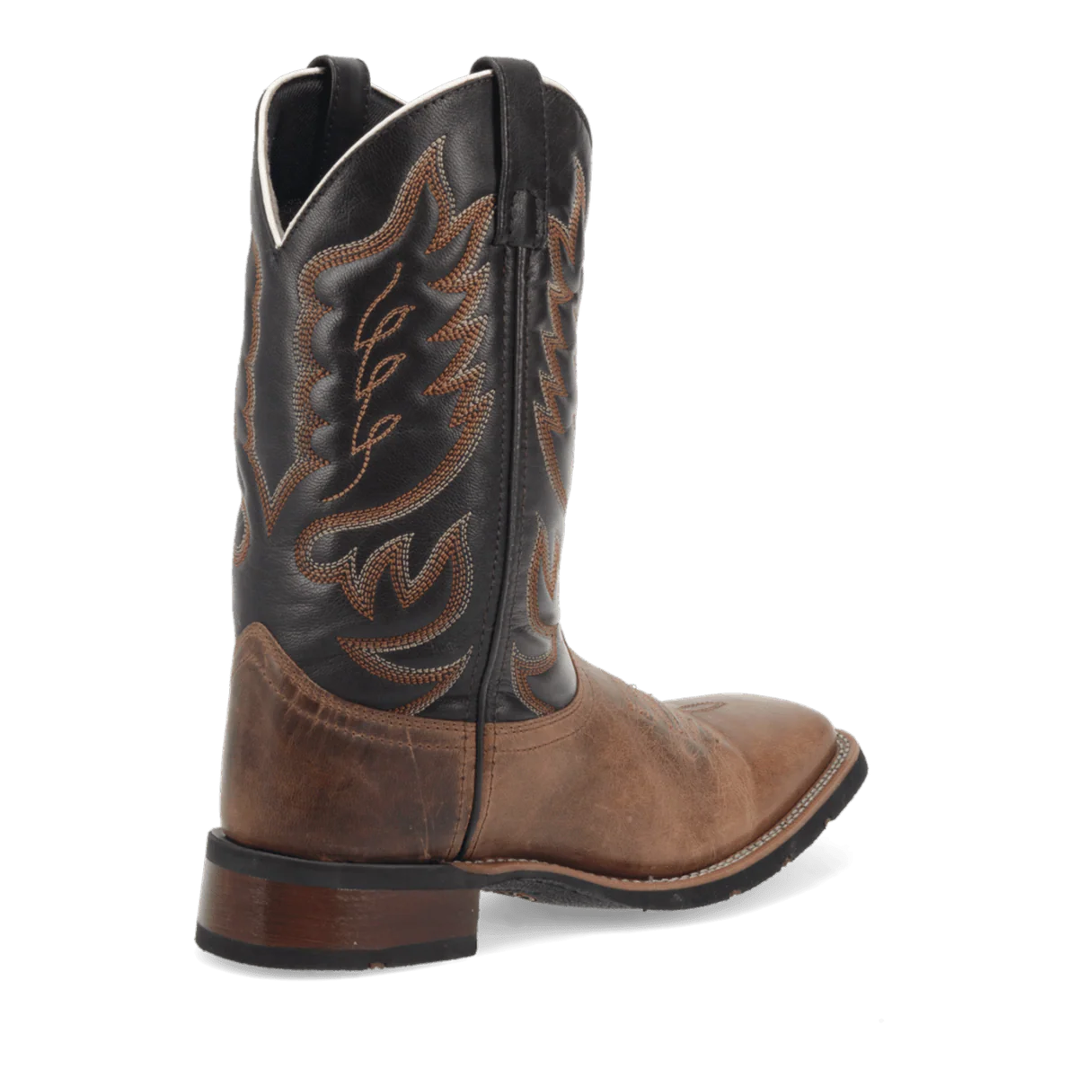 Laredo Montana men's boot: Tall black leather shaft with brown stitching. Tan, worn-finish vamp. Pointed-round toe. Flat black sole, brown stacked heel.
