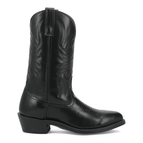 Laredo men's Paris western boot in black leather. Features a tall shaft with flame stitching, a smooth finish, pointed toe, and stacked heel.
