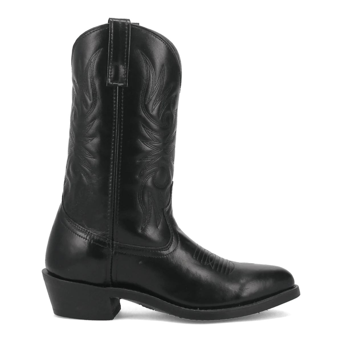 Laredo men's Paris western boot in black leather. Features a tall shaft with flame stitching, a smooth finish, pointed toe, and stacked heel.
