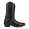 Laredo men's Paris western boot in black leather. Features a tall shaft with flame stitching, a smooth finish, pointed toe, and stacked heel.
