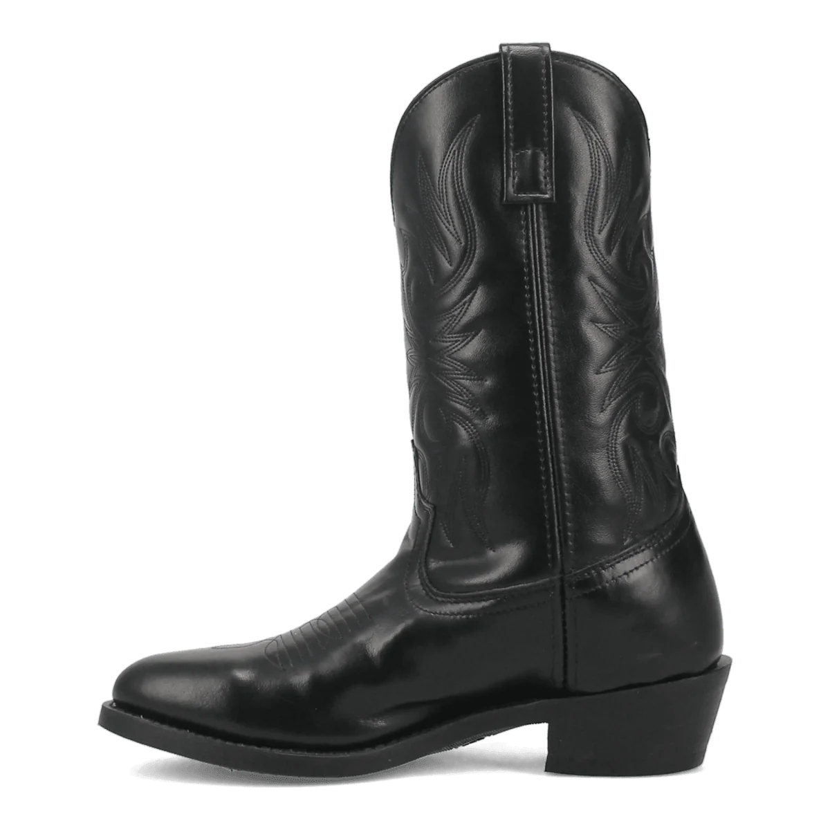 Laredo Men's Paris Western Boot: Black leather, tall shaft with detailed stitching. Pointed toe, stacked heel. Includes pull tab for easy wear.
