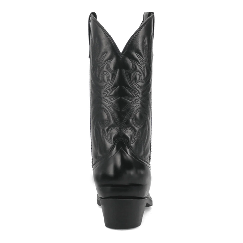 Laredo Men's Paris Western Boot: Black leather, tall shaft, pointed toe. Intricate stitching adorns the upper. Slightly elevated heel. Classic Western style.
