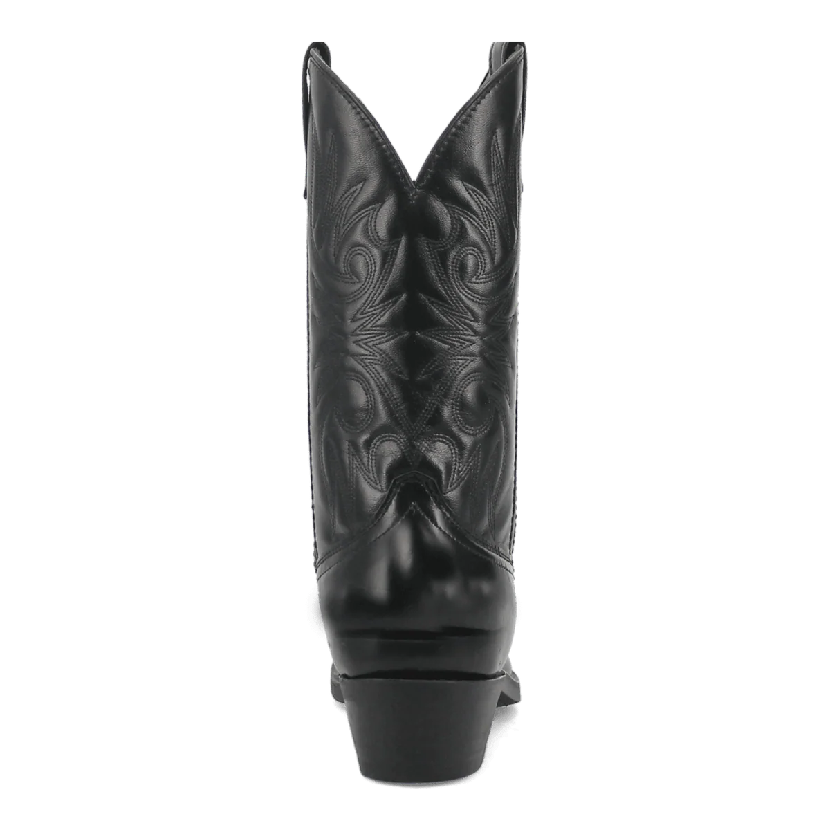 Laredo Men's Paris Western Boot: Black leather, tall shaft, pointed toe. Intricate stitching adorns the upper. Slightly elevated heel. Classic Western style.
