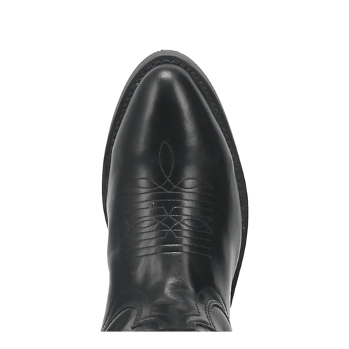 Laredo Men's Paris Western Boot: Black leather, pointed toe, decorative stitching on vamp. Layered design for visual interest. Smooth finish, structured silhouette.
