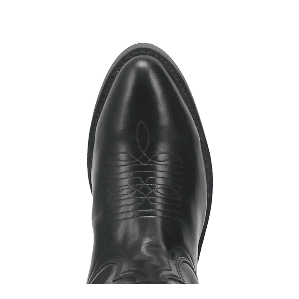 Laredo Men's Paris Western Boot: Black leather, pointed toe, decorative stitching on vamp. Layered design for visual interest. Smooth finish, structured silhouette.
