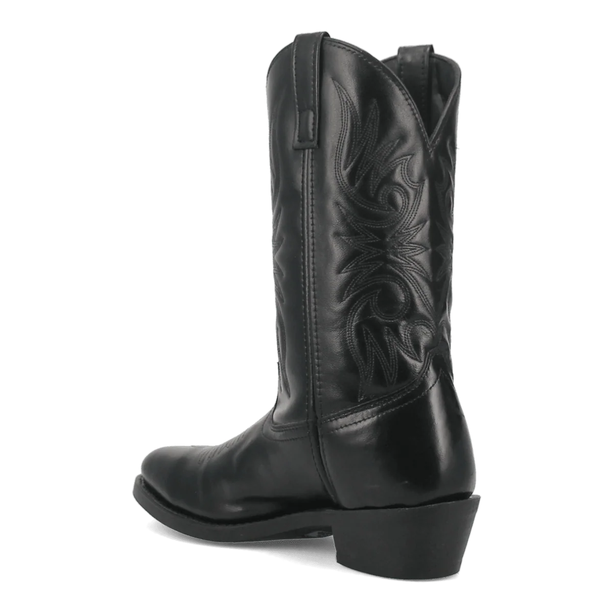 Laredo men's Paris western boot in black leather. Features decorative stitching, a rounded toe, and stacked heel for classic western style.
