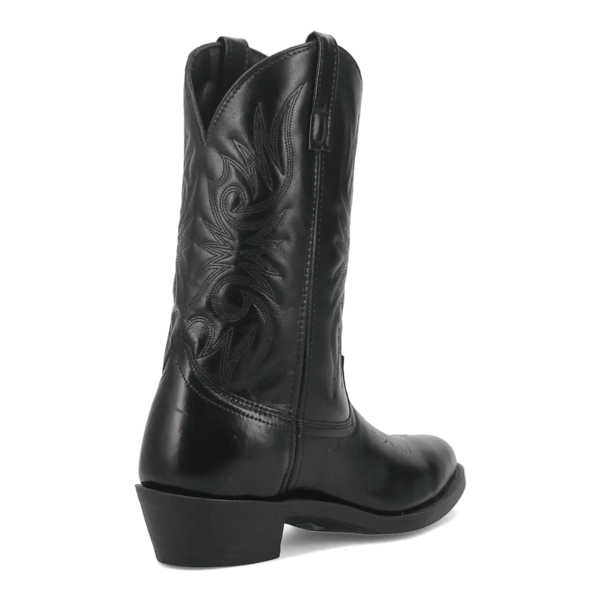 Laredo Men's Paris Western Boot: Black leather, pointed toe, detailed stitching, and a low stacked heel. Stylish and stable design.
