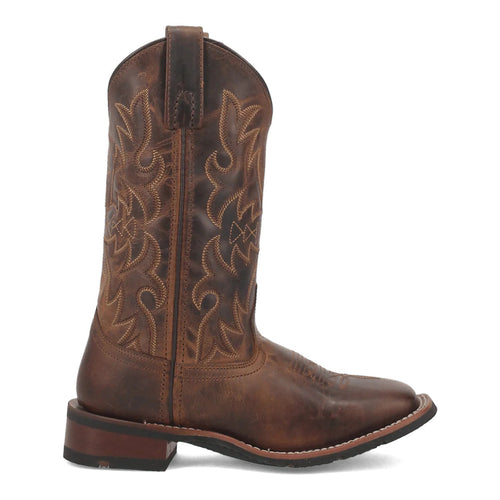 Laredo Women's Anita boot. Tall shaft, brown leather with worn finish, pointed toe, decorative stitching. Side pull tabs for easy wear. Moderate stacked heel.
