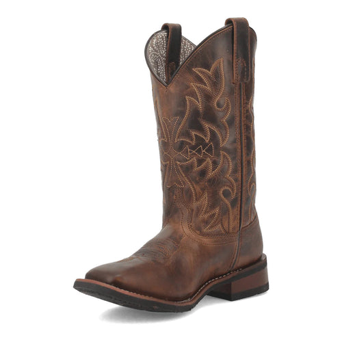 Laredo Women's Anita Boot: Distressed brown leather with pointed toe, slight heel, and decorative stitching. Tall shaft, pull-on design with dual tabs and contrasting sole outline.
